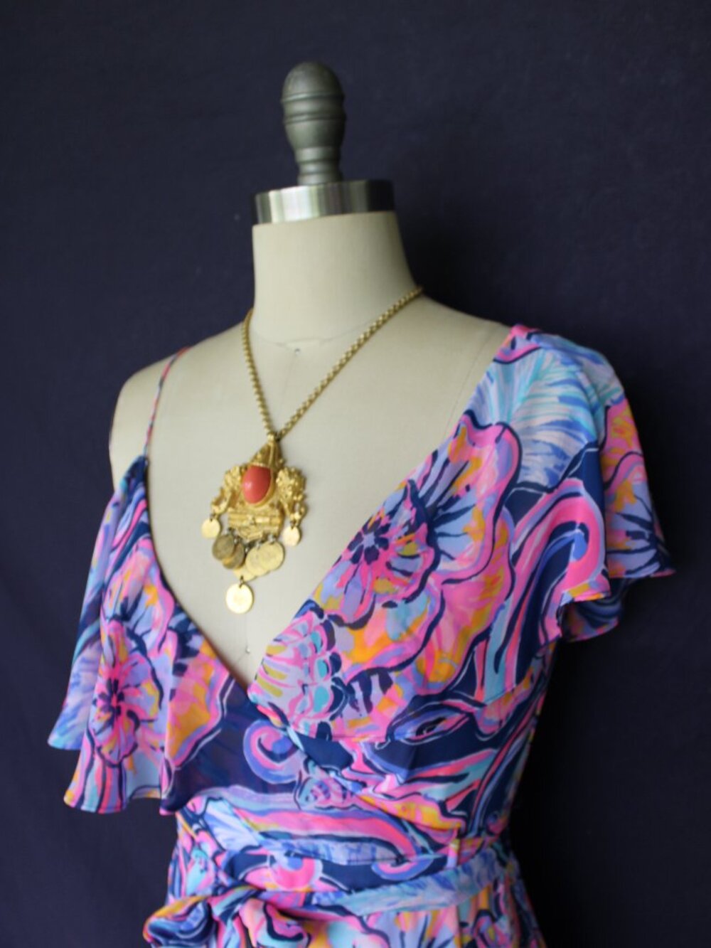 Lilly Pulitzer Marianna Wrap midi Dress Nauti Navy Boho Bateau Floral ruffle S - Picture 9 of 12